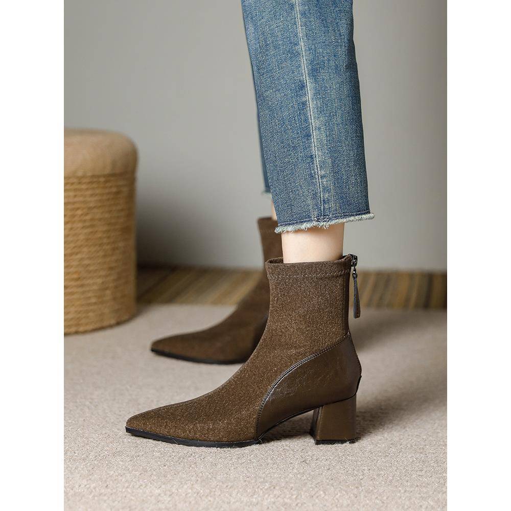 秋冬拼色时尚时装尖头粗跟中跟短靴女5cm高跟鞋单靴加绒弹瘦1117z