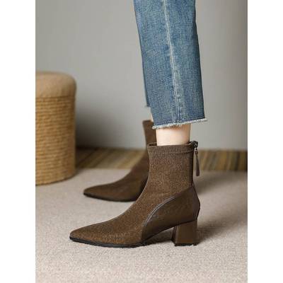 秋冬拼色时尚时装尖头粗跟中跟短靴女5cm高跟鞋单靴加绒弹瘦1117z