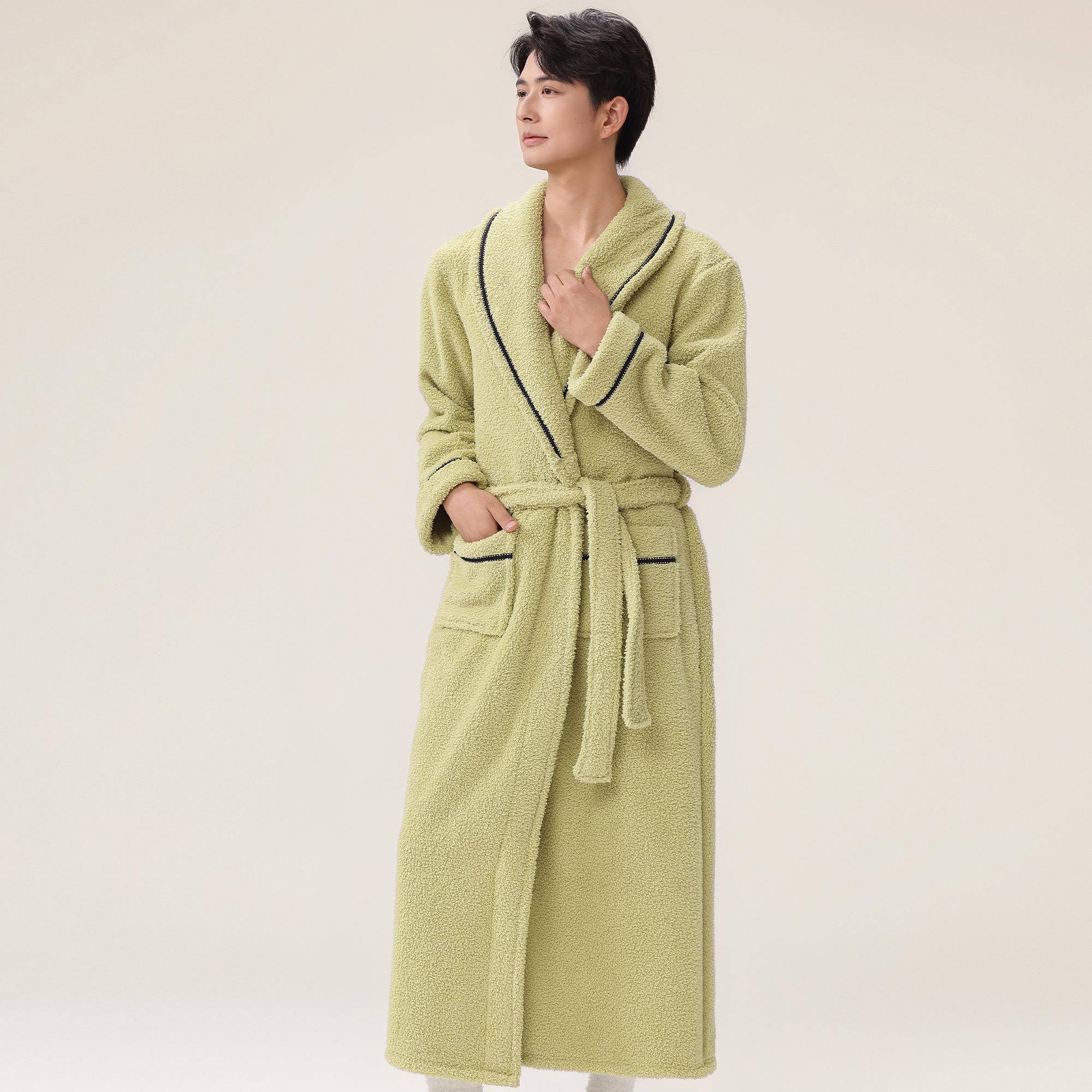 秋冬男珊瑚绒睡袍加绒加厚秋冬浴袍法兰绒晨袍新款加长睡衣1009c