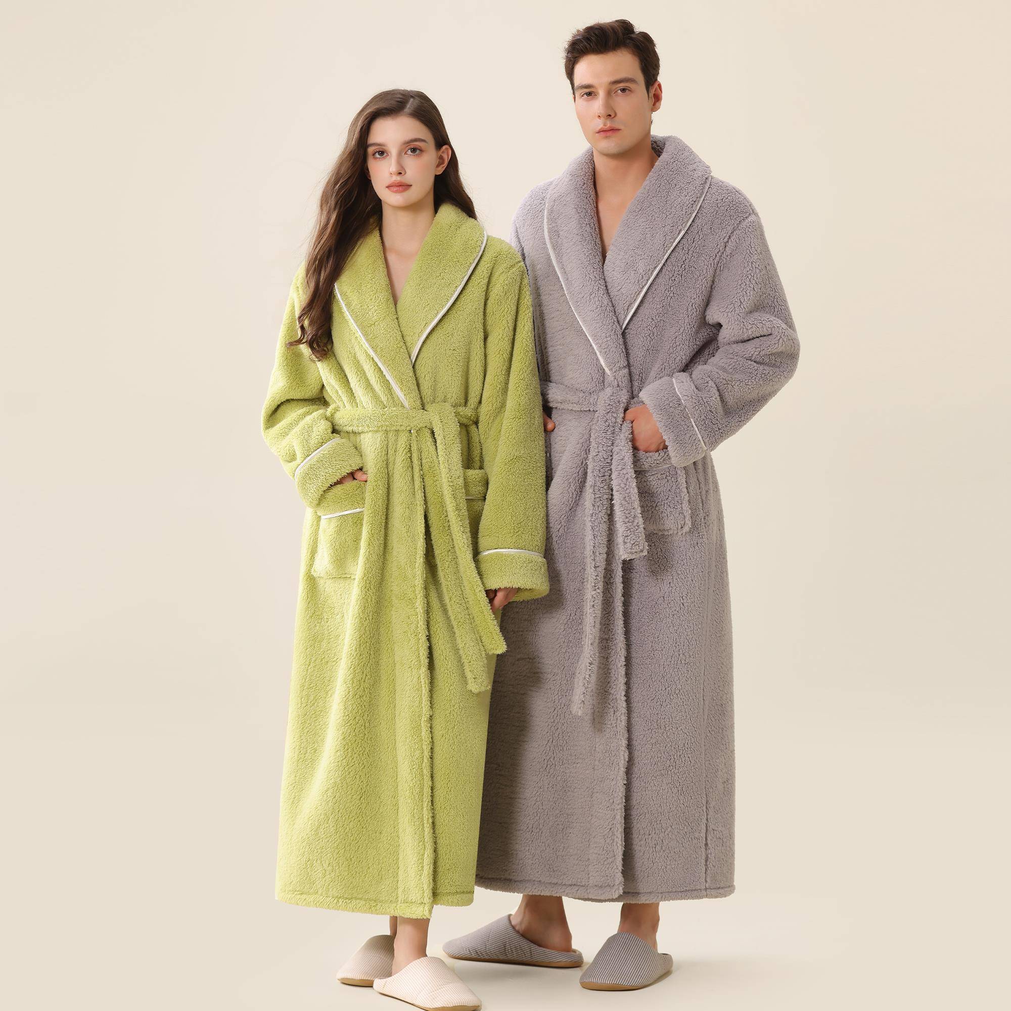 秋冬睡袍情侣秋冬新款保暖睡衣女加绒加厚法兰绒色包边浴袍1009c