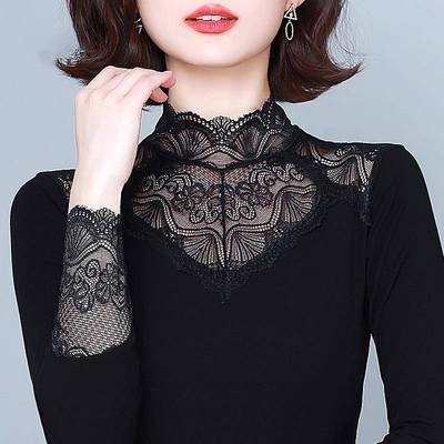 黑色半高领蕾丝打底衫女冬新款洋气内搭小衫加绒加厚妈妈上1130w