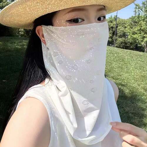 薄款透气防晒面罩加长款护颈口罩花朵暗纹网纱骑行开车遮阳0507e