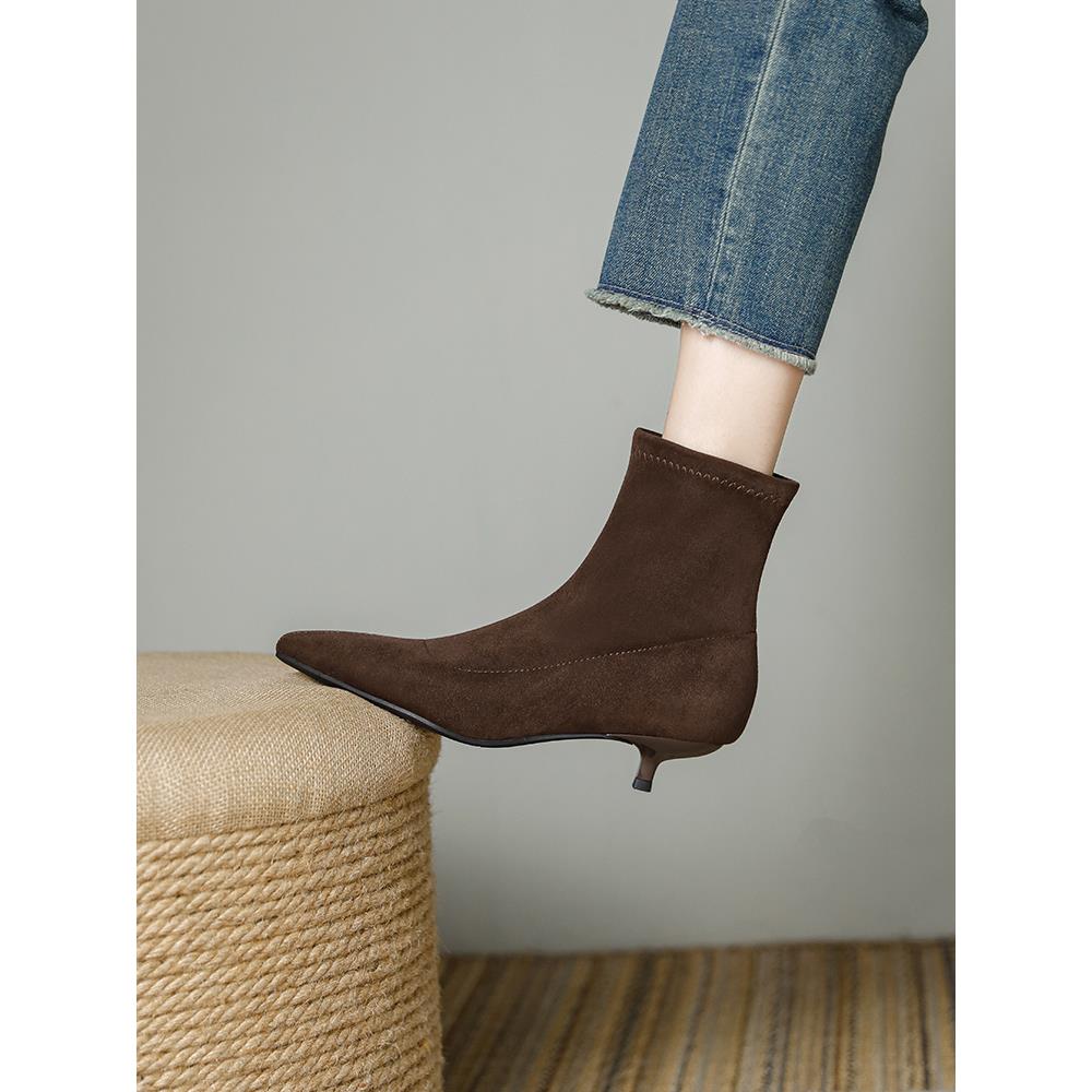 秋冬棕色细高跟鞋尖头小跟低跟3厘米短靴女式高跟鞋衬里单靴1117z