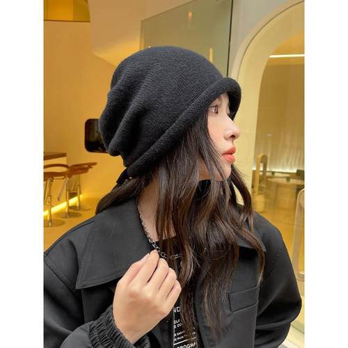 黑色月子帽产后保暖毛线针织帽子女天有弹性堆堆帽潮1227w