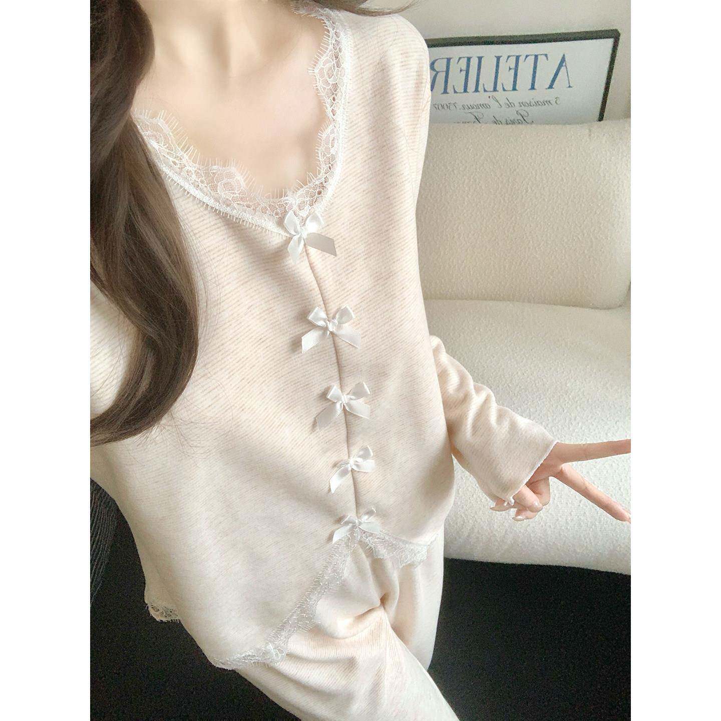 居家服冬保暖长袖睡衣女简约蕾丝花边蝴蝶结V领套头家居服套1022r