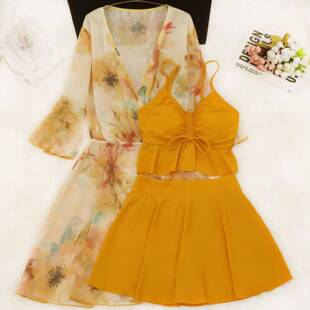 暖调姜黄两件式 泳衣女微胖遮肉三件套显白气质泡温泉2026年0318w