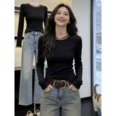 女打底t恤法式 感黑色细闪衫 大码 春季 胖磨毛加长袖 上衣潮0207k