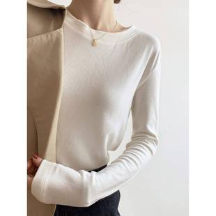 正肩白色长袖T恤女内搭德绒打底衫女春季显瘦简约基础上衣0105w