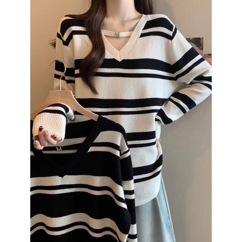 秋冬大码女装0-200条纹V领长袖针织衫女遮肚显瘦百搭上衣1207z