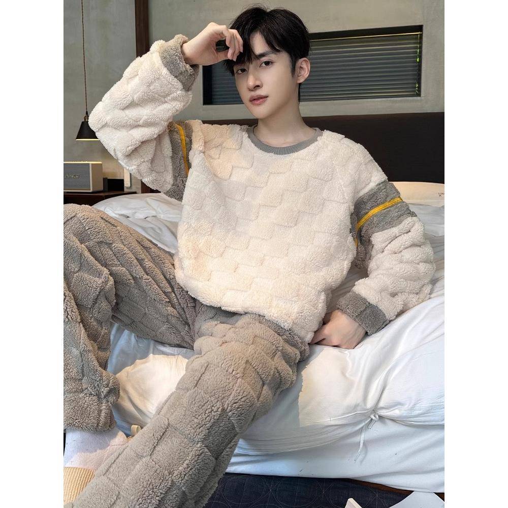 秋冬男士珊瑚绒睡衣男款新款加厚加绒可外穿家居服套1113z