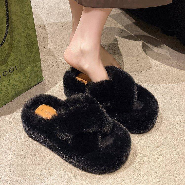 秋冬百搭洋气爆款毛毛鞋拖鞋女交叉55厘米厚底毛毛外穿居家1001c