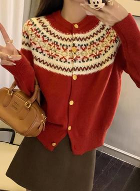 红色针织开衫外套女春秋季新款圆领费岛风毛衣长袖打底1228w