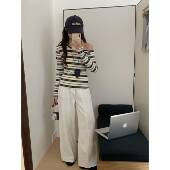 感长袖 法式 露锁骨条纹别致一字肩上衣春新款 T恤0118k