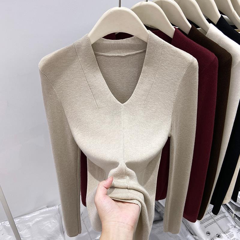 感长袖V领打底衫女洋气弹内搭针织毛衣上衣2025冬1118w