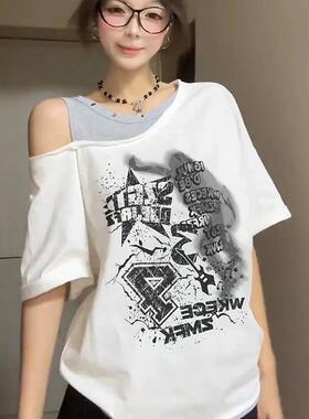 夏款大码微胖白色假两件斜领短袖t恤女宽松显瘦露肩上衣高级0318d