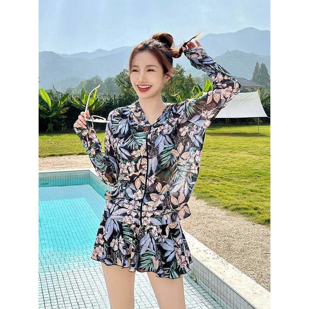 泳衣女士连体保守裙式遮肚显瘦碎花新款时尚泡温泉游泳装0303w1