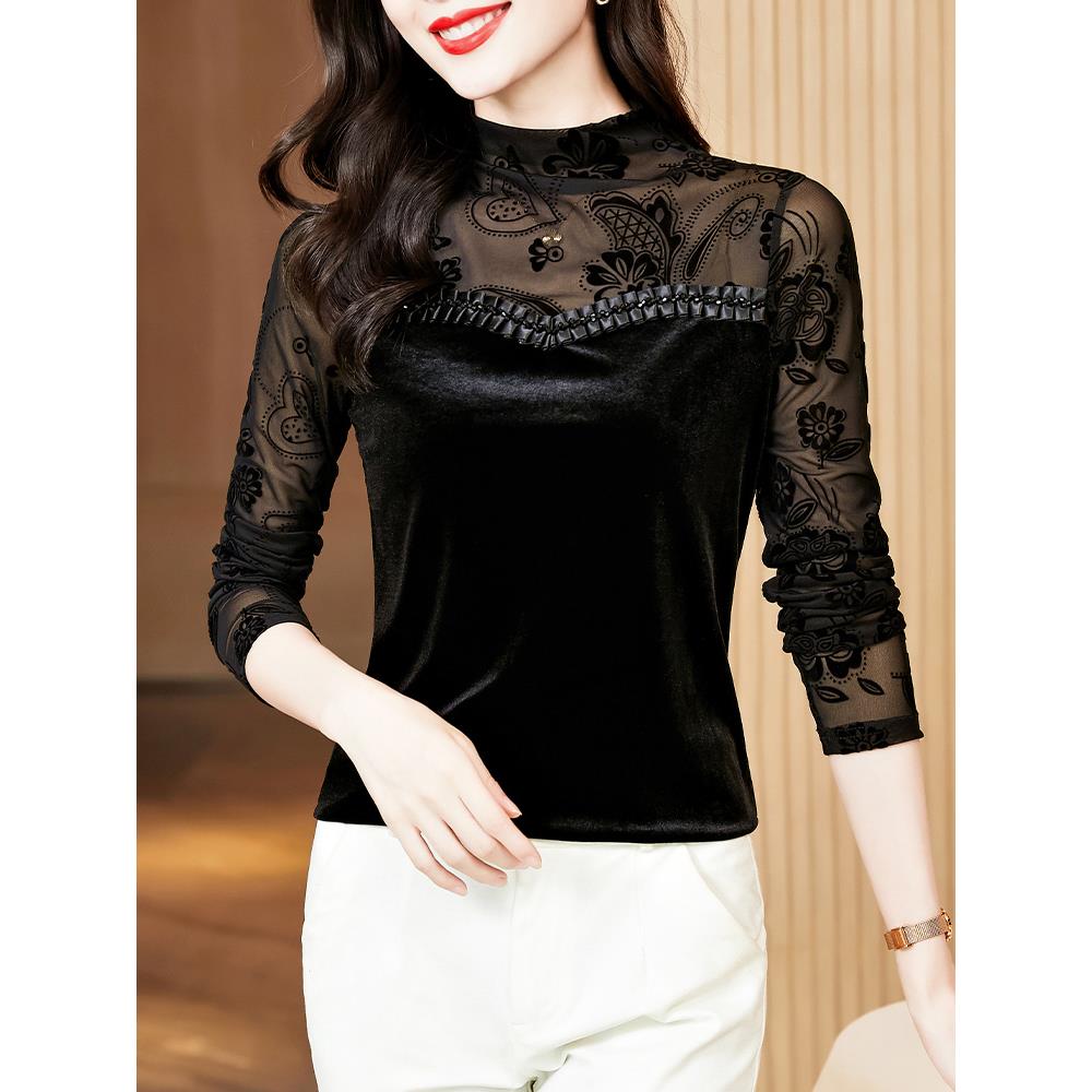 金丝绒打底衫女装内搭网纱拼接小衫洋气质半高领长袖上衣1208w
