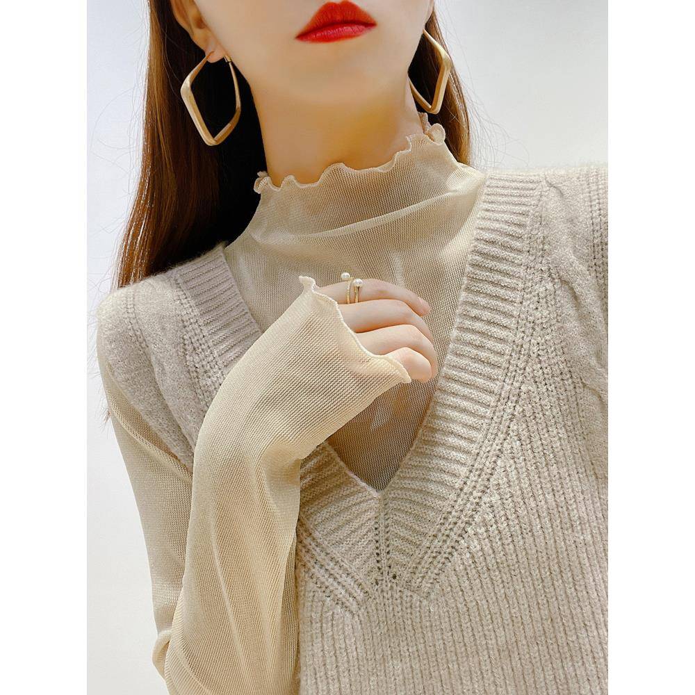 气质半高领网纱小衫女冬新款洋气蕾丝打底衫女长袖毛衣内搭1208w