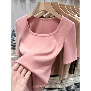 粉色双面德国丝绒春季女底衬衫全新望低u领上衣澳大丝绒加厚0301w