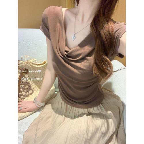 夏季荡领掐腰感咖色短袖t恤女2026新款薄款法式上衣0408z2