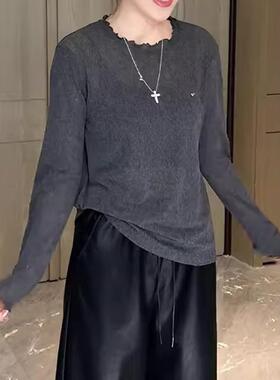 大码女装圆领木耳边灰色长袖t恤春季新款胖mm显瘦内搭打底0116r1