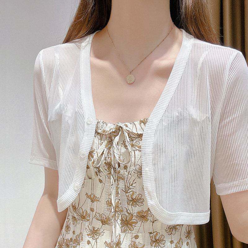 网纱小坎肩上衣女夏季小披肩女配裙子外搭空调衫开衫短袖0304w