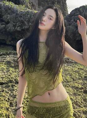 绿色蕾丝性感分体泳衣女显瘦罩衫短裙比基尼海边度假泡温泉0612e