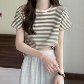 上衣半袖 春季 0205z 圆领修身 短款 2026撞色条纹正肩短袖 t恤女港式