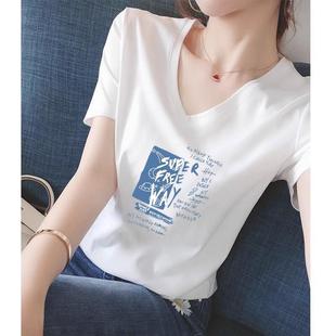 显瘦半袖 V领短袖 洋气修身 T恤美少女夏季 上衣印花0726h 2025年新款
