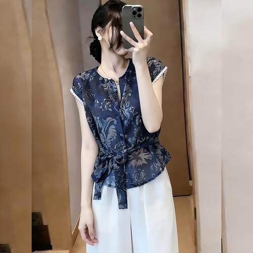 轻熟气质~国风藏色印花无袖上衣女夏2026新款百搭气质收腰小0512e