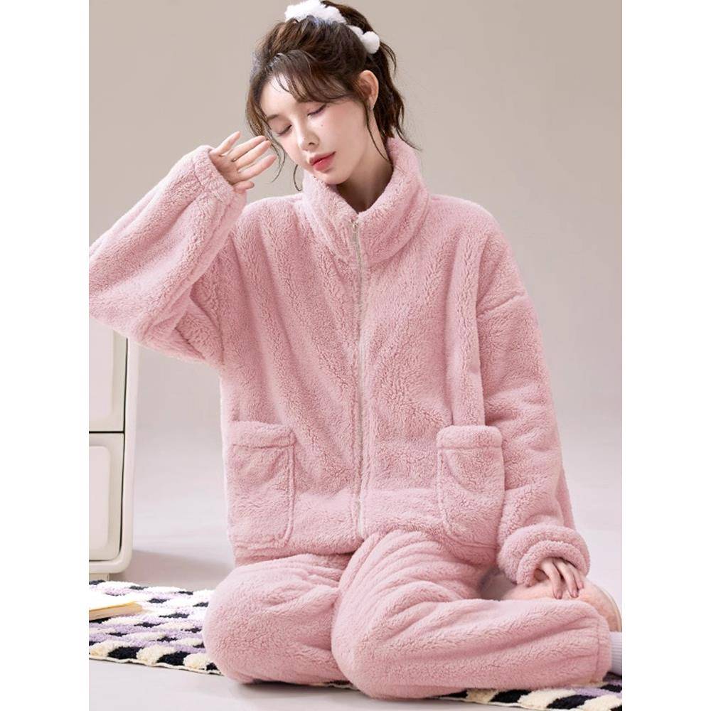 秋冬粉色珊瑚绒睡衣女2025新款加绒加厚雪花绒保暖外穿家居1113z