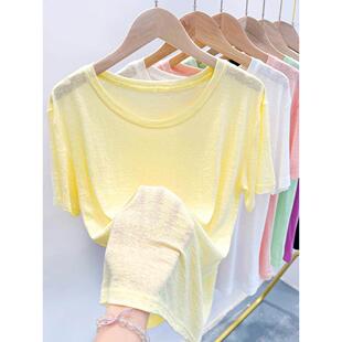 2026夏季薄短袖女式t恤全新宽松面具鹅黄色上衣半袖0306w