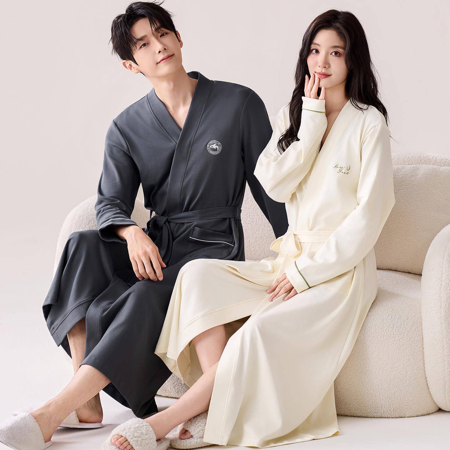 秋冬睡袍女款秋季中长款情侣睡衣简约秋冬薄款男士浴袍1009c