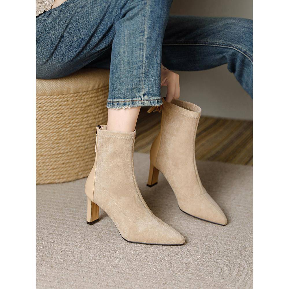 秋冬法国裸色磨砂厚跟尖头高跟7厘米短靴女衬里弹修身靴单靴1117z