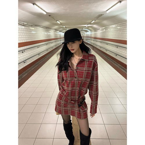 暗红格子宽松亲肤透气衬衫