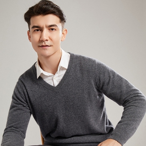 100%羊绒衫男士V领套头保暖纯山羊绒针织毛衣 商务休闲经典打底衫