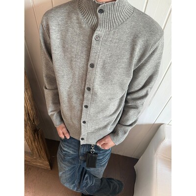 EME易盛易  德系抗起球针织罗纹立领开衫毛衣春秋纯色复古针织衫