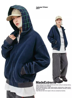 MADEEXTREME 420g美式假两件格子重磅水洗做旧秋冬连帽拉链卫衣