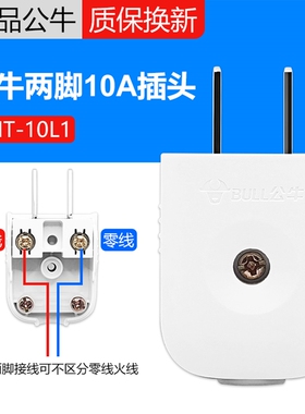 公牛10A插头电线二头两脚接线两孔两角项电源2脚二脚二极GNT-10L1