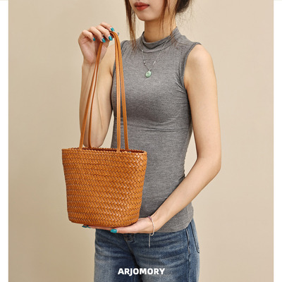 新款头层牛皮手工编织菜篮子包