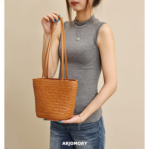 新款头层牛皮手工编织菜篮子包