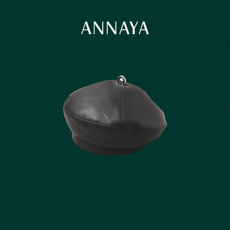 Annaya吴倩田曦薇同款小羊皮贝雷帽真皮帽子英伦风显脸小画家帽