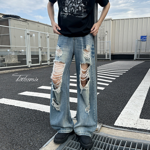 水洗破洞牛仔裤男女夏季竹节纹裤子A166-NA5411-NA5412-特P45控89图片