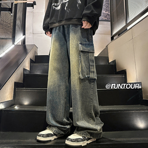 美式高街水洗工装牛仔裤男秋季大口袋裤子A166-K046-特P45控88图片