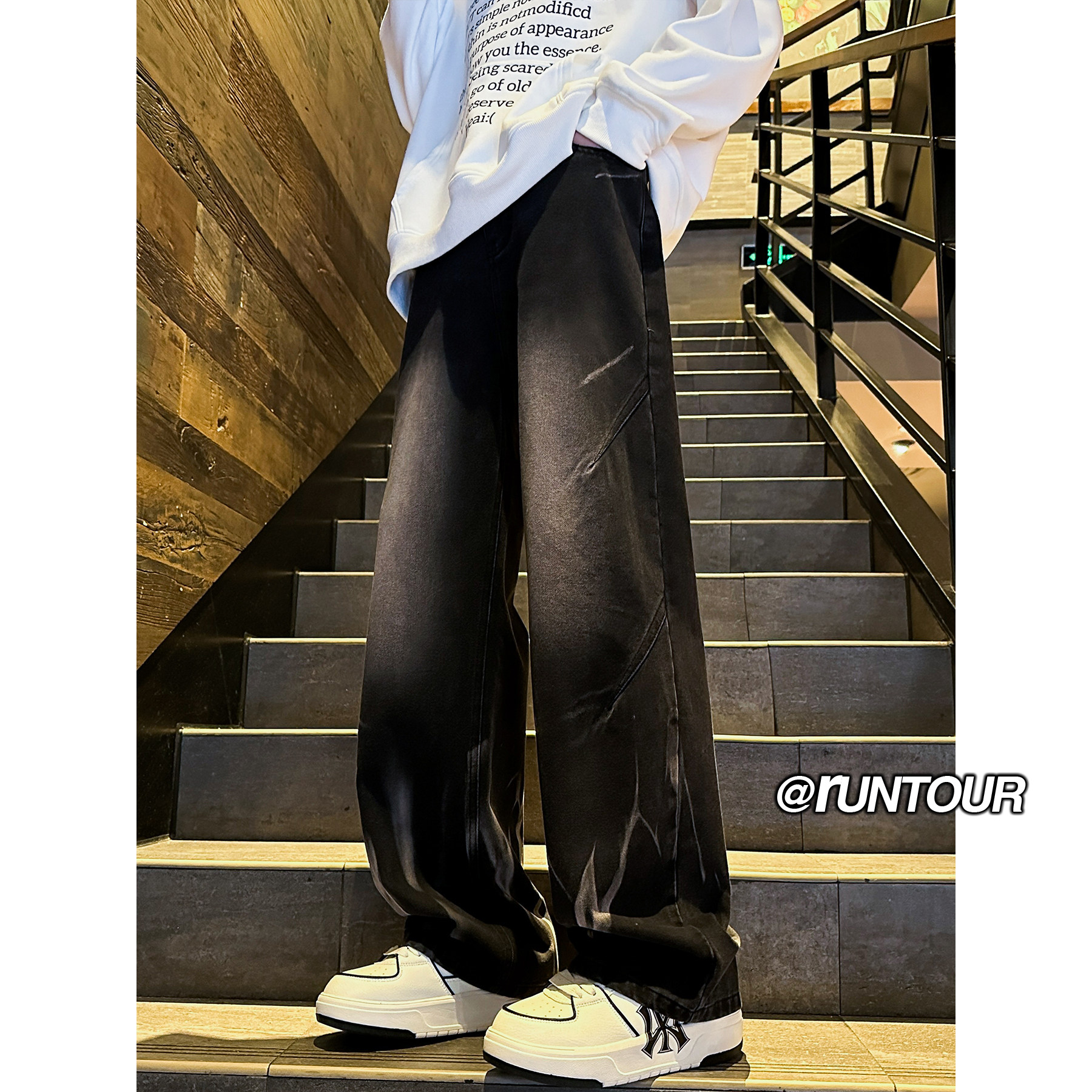 扎染黑色牛仔裤男秋冬款宽松美式高街阔腿裤A166-K048-特P40控78图片
