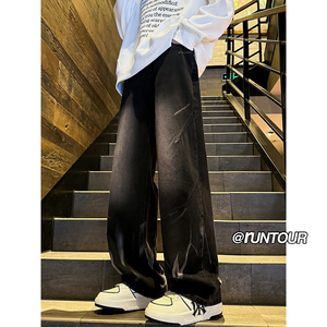 黑色扎染牛仔裤男宽松直筒美式高街vibe裤子A166-K048-特P40控78图片