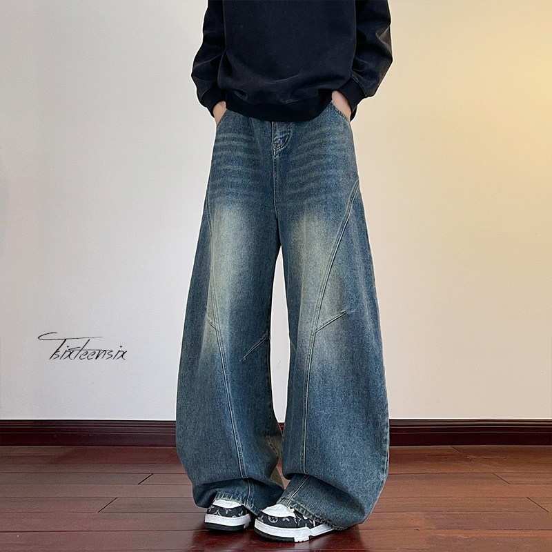 美式高街廓形弯刀牛仔裤男春季水洗阔腿裤A166-NA5816-特P42控78，男装牛仔裤，电商A166