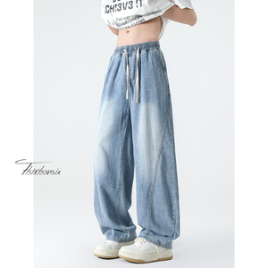 冰丝弯刀牛仔裤男美式复古水洗做旧阔腿裤A166-NA5303-特P40控75图片