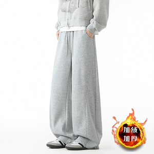 灰色美式加绒卫裤男秋冬弯刀休闲裤子A166-KB4016-P45加绒50控75，男装休闲裤，电商A166