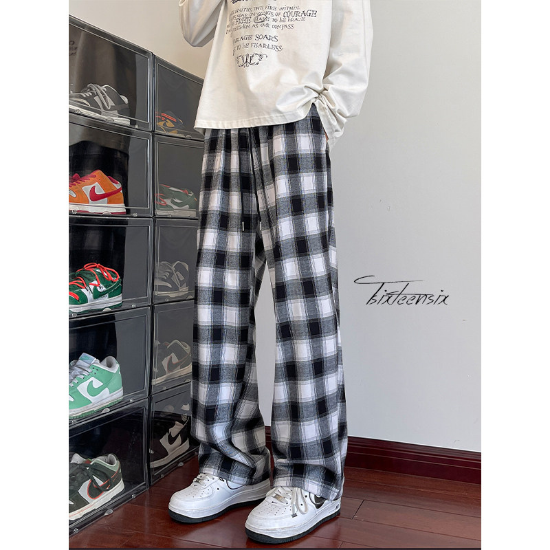 美式复古格纹裤子男秋季阔腿裤直筒垂感长裤A166-KZ82-P55控78,男装休闲裤,电商A166
